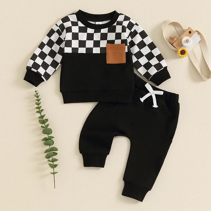 Baby Toddler Boys 2Pcs Fall Clothes Checkerboard Print Long Sleeve Pocket Top with Solid Color Long Pants Outfit Set