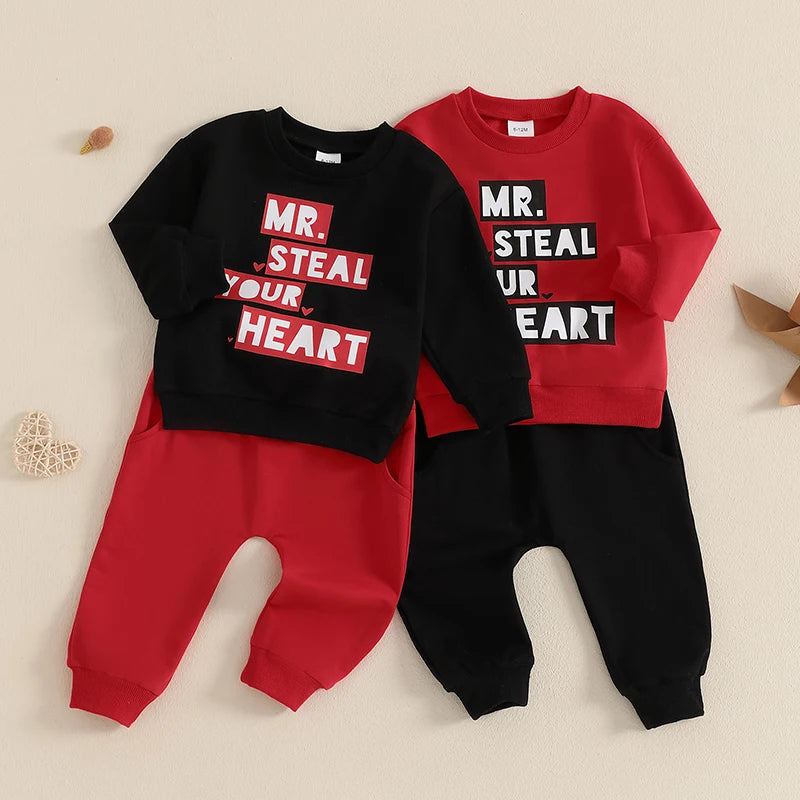 Baby Toddler Boys 2Pcs Mr. Steal Your Heart Outfit Long Sleeve Letters Print Crewneck Top with Pants Valentine’s Day Jogger Set