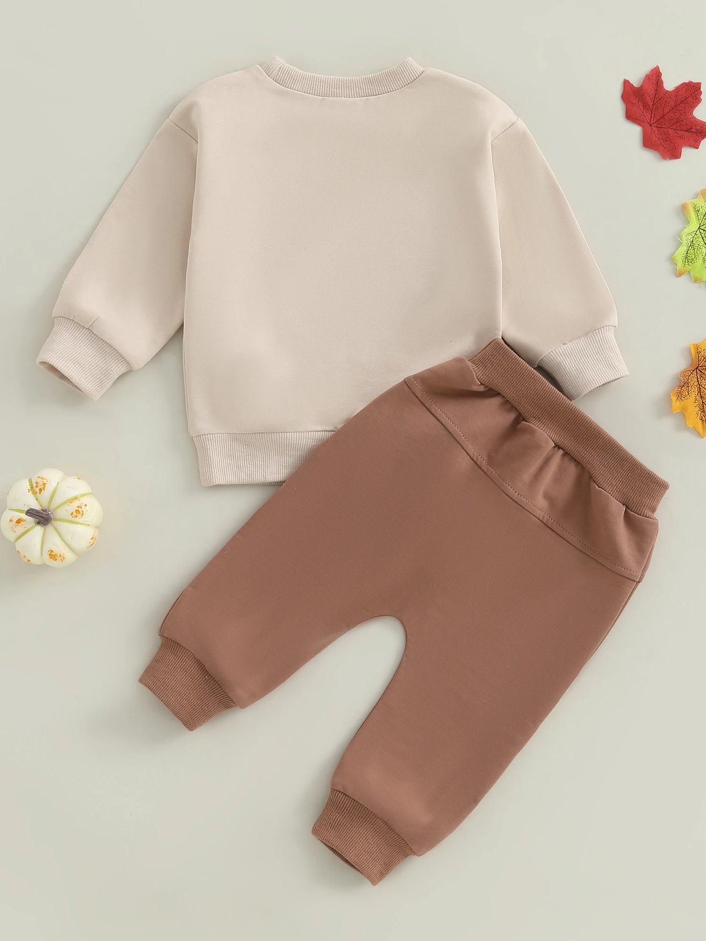 Baby Toddler Boy 2Pcs Little Turkey Thanksgiving Outfit Letter Turkey Embroidery Long Sleeve O-Neck Pullover + Elastic Waist Solid Pants Jogger Set