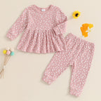 Toddler Kids Girls 2Pcs Fall Outfit Floral Flowers Print Crew Neck Long Sleeve Babygirl Top Elastic Waist Long Pants Set