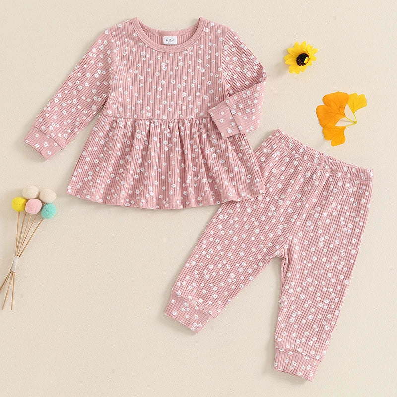 Toddler Kids Girls 2Pcs Fall Outfit Floral Flowers Print Crew Neck Long Sleeve Babygirl Top Elastic Waist Long Pants Set