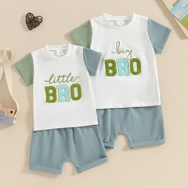 Baby Toddler Kids Boys 2Pcs Little Big Bro Brothers Matching Clothes Set Short Sleeve Embroidery Letters Top with Elastic Waist Shorts Set Summer Outfit