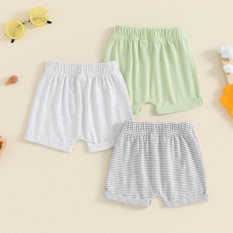 Baby Toddler Boys 3Pcs Summer Shorts Elastic Band Solid Color/Striped Button Shorts Set of Three