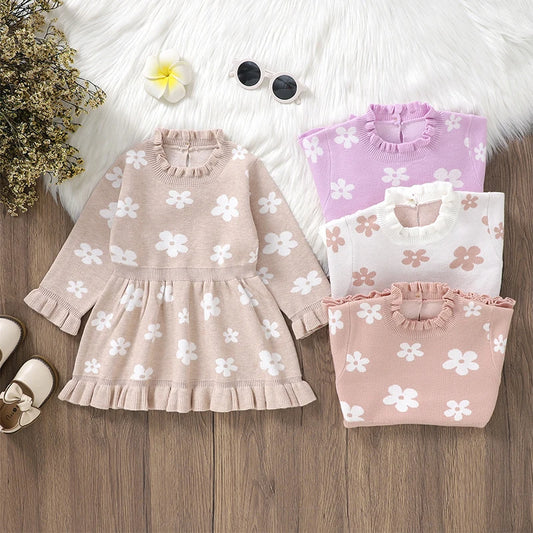 Baby Toddler Girl Long Sleeve Flower Floral Print Ruffle Sweater A-Line Dress