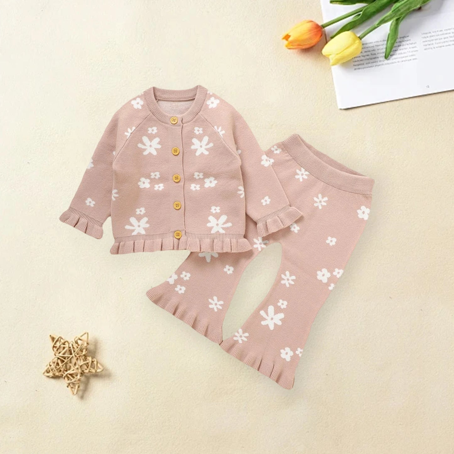 Baby Toddler Girl 2Pcs Fall Outfits Long Sleeve Floral Print Knit Cardigan Tops Flare Pants Set Toddler Clothes
