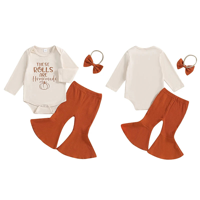 Baby Girls 3Pcs These Rolls Are Homemade Fall Set Letter Pumpkin Print Long Sleeve Romper Ribbed Flare Pants Hairband Outfit