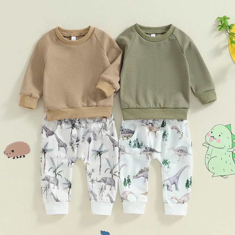 Baby Toddler Boys 2Pcs Fall Outfit Waffle Long Sleeve Round Neck Top and Animal Elephant Dinosaur Pattern Pants Set