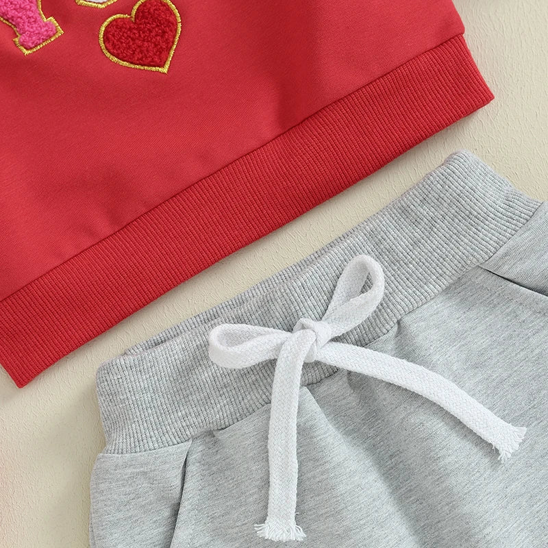 Toddler Baby Boys Girls 2Pcs Valentine's Day Outfits Letter Fuzzy LOVE YOU heart Embroidered Long Sleeve Top With Pants Set