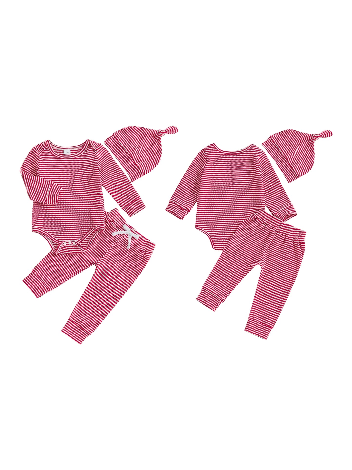 Baby Boys Girls 3Pcs Outfits Striped Crew Neck Long Sleeve Romper Pants and Cap Hat Set