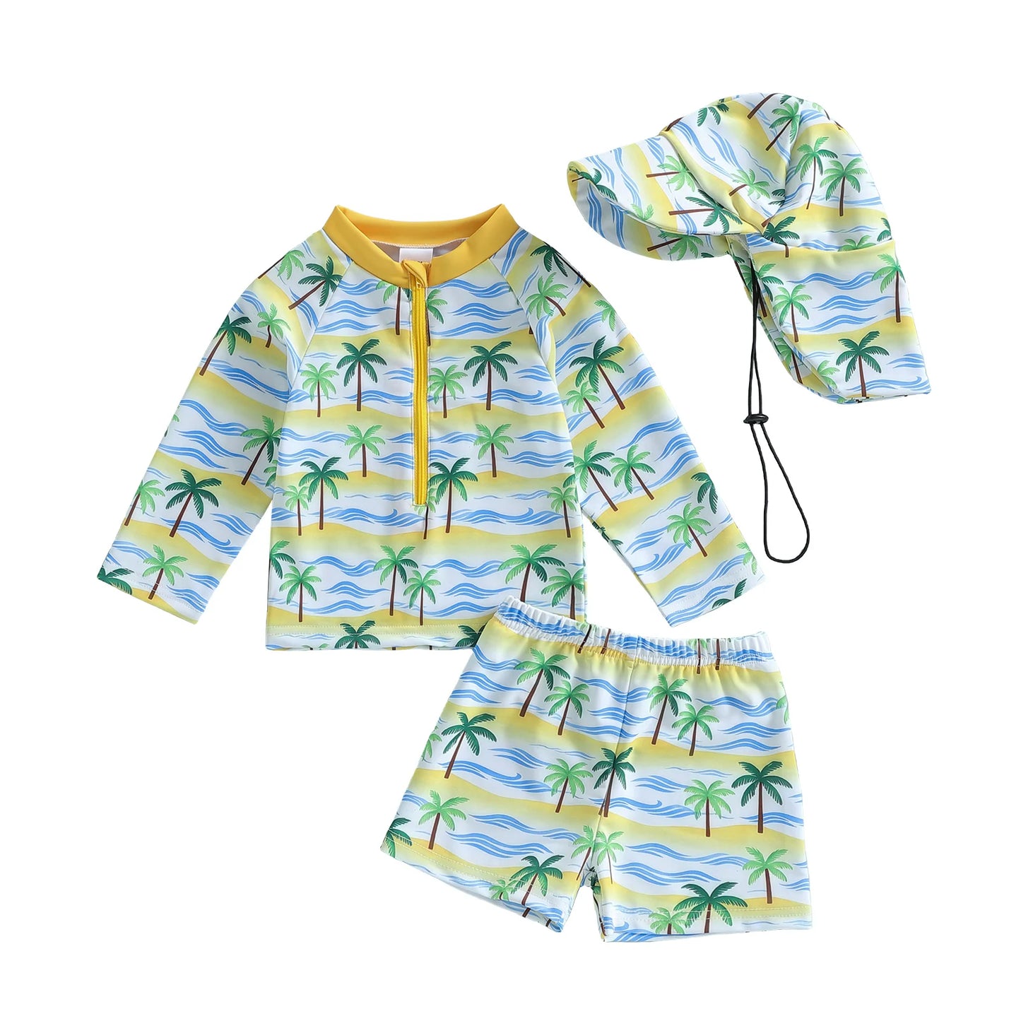 Baby Toddler Boys 3Pcs Rash Guard Swimsuit Set Palm Tree Print Long Sleeve Round Neck Top and Shorts Hat Set