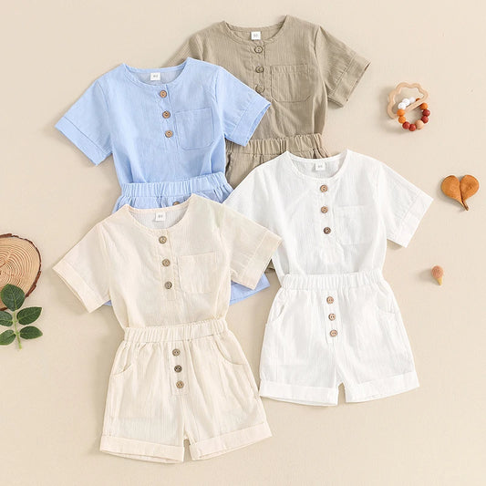 Baby Toddler Boys 2Pcs Single Breasted Round Neck Button Top Solid Color Shorts Casual Outfit Set