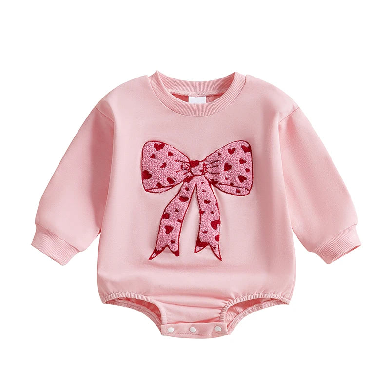 Baby Girls Bubble Romper Heart Bow Embroidery Long Sleeve Jumpsuit Valentine's Day