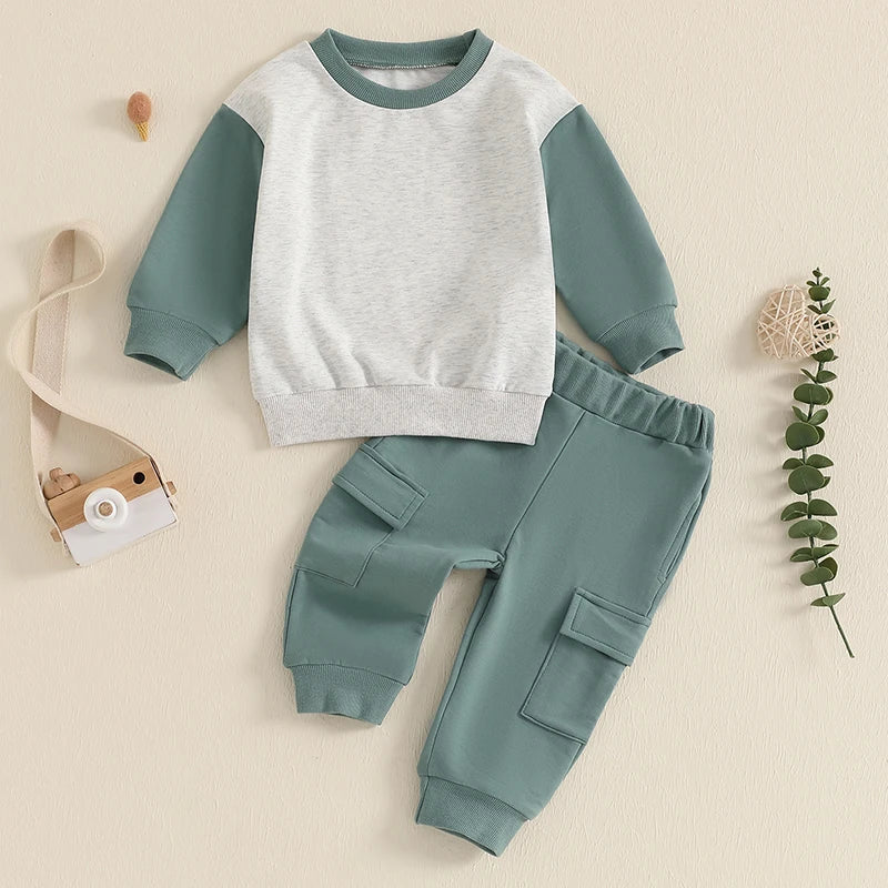 Baby Toddler Boy 2Pcs Outfit Long Sleeve Contrast Color Top + Cargo Pants Fall Winter Jogger Set