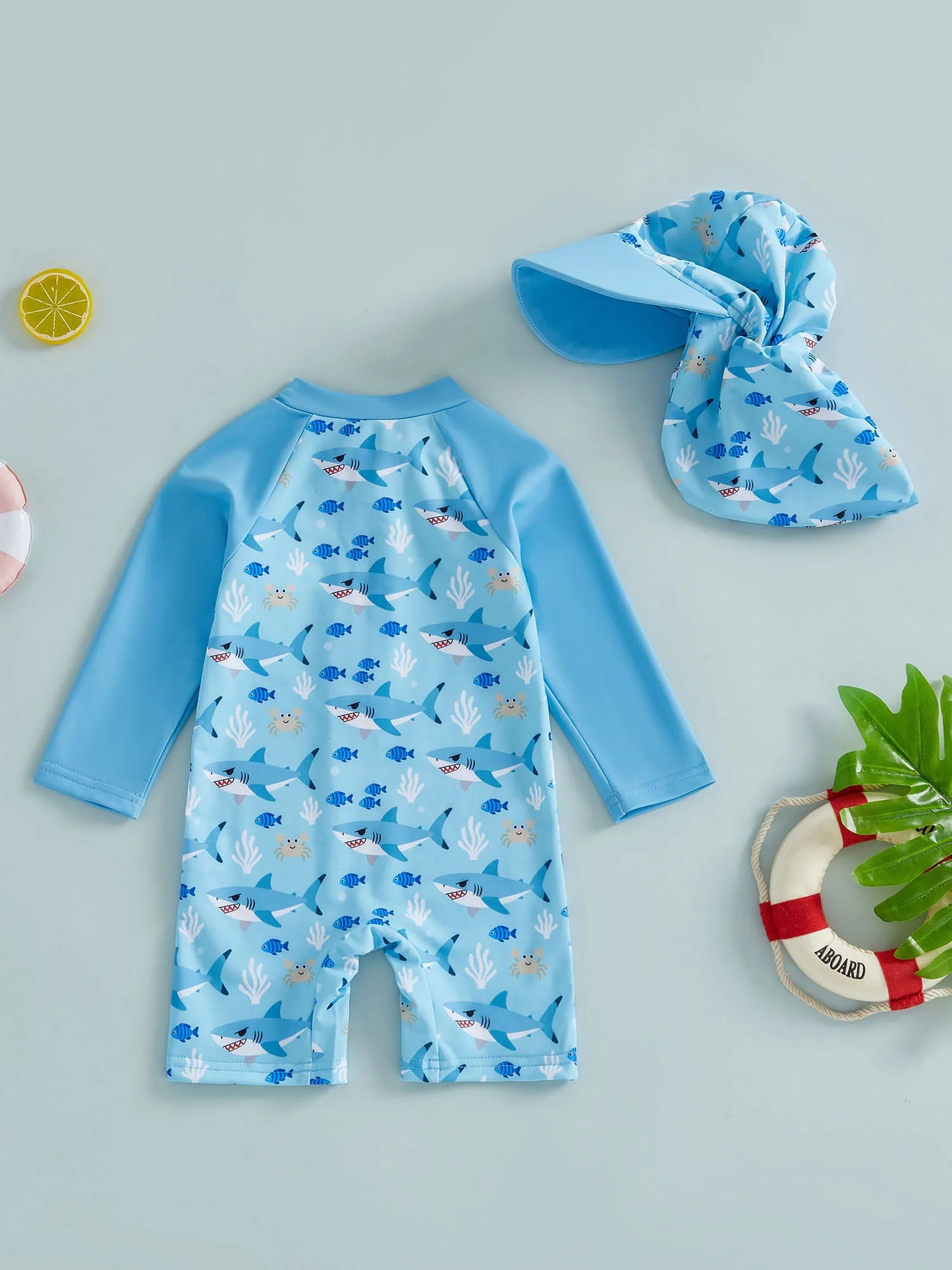 Baby Toddler Boy 2Pcs Rash Guard Swimsuit Shark Duck Print Long Sleeve Zip Up Bathing Suit with Sun Cap Hat Set