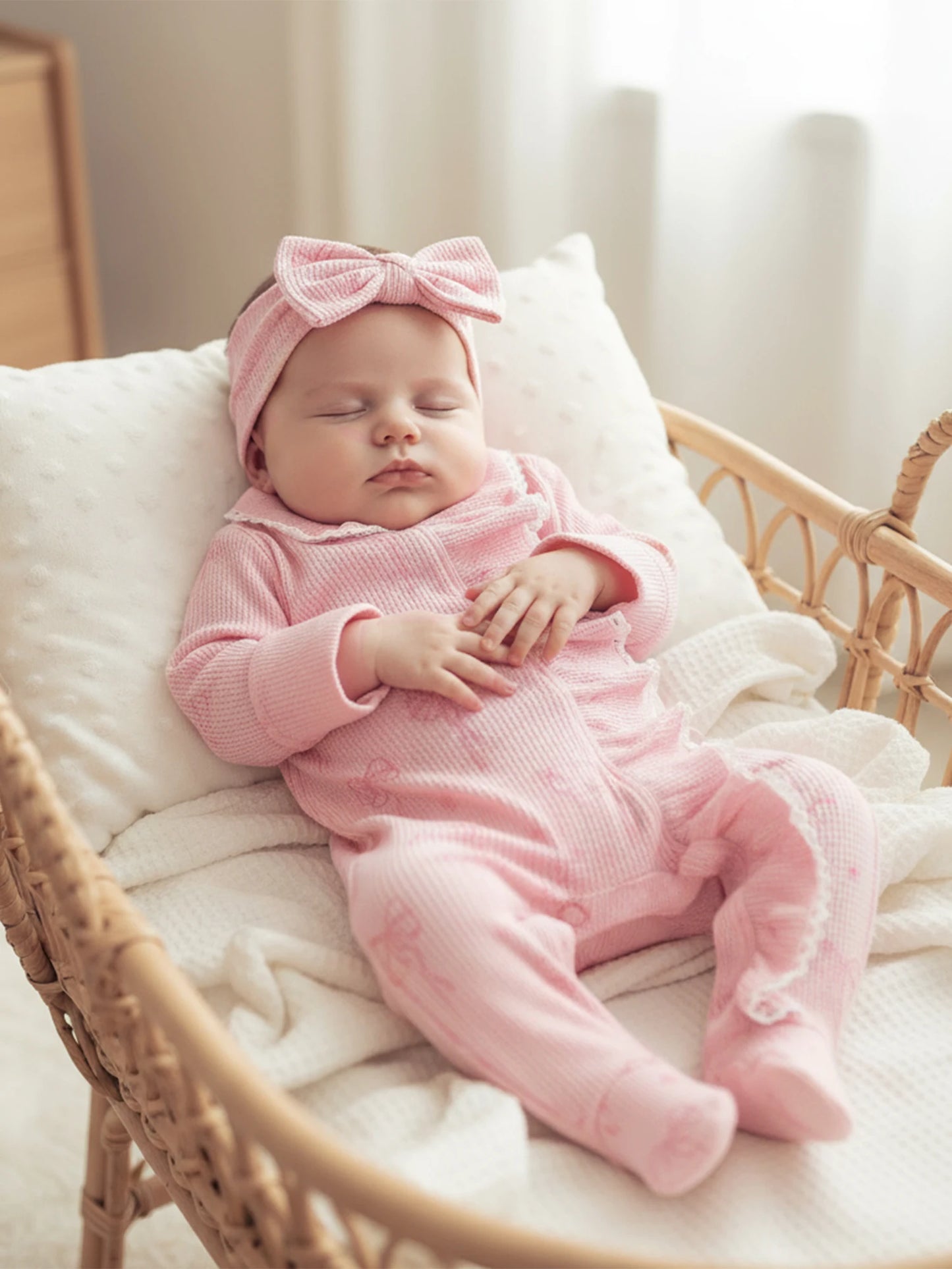 Baby Girl 2Pcs Romper Waffled Bow Print Long Sleeve Zip Up Footed Jumpsuit with Headband Set