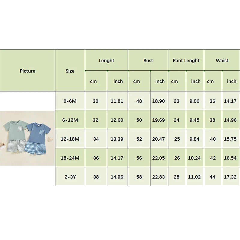 Baby Toddler Boys 2Pcs Summer Spring Outfit Pocket Round Neck Short Sleeve Top with Plaid Pattern Shorts Set