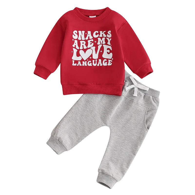 Baby Toddler Boys Girls 2Pcs Snacks Are My Love Language Valentine's Day Outfit Letter Print Long Sleeve Top and Elastic Pants Jogger Set Valentines