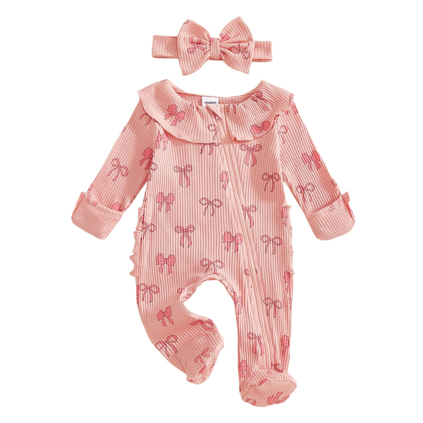 Baby Girls 2Pcs Outfits Cute Long Sleeve Round Neck Bow Print Full Length Footed Jumpsuit with Bow Headband Set