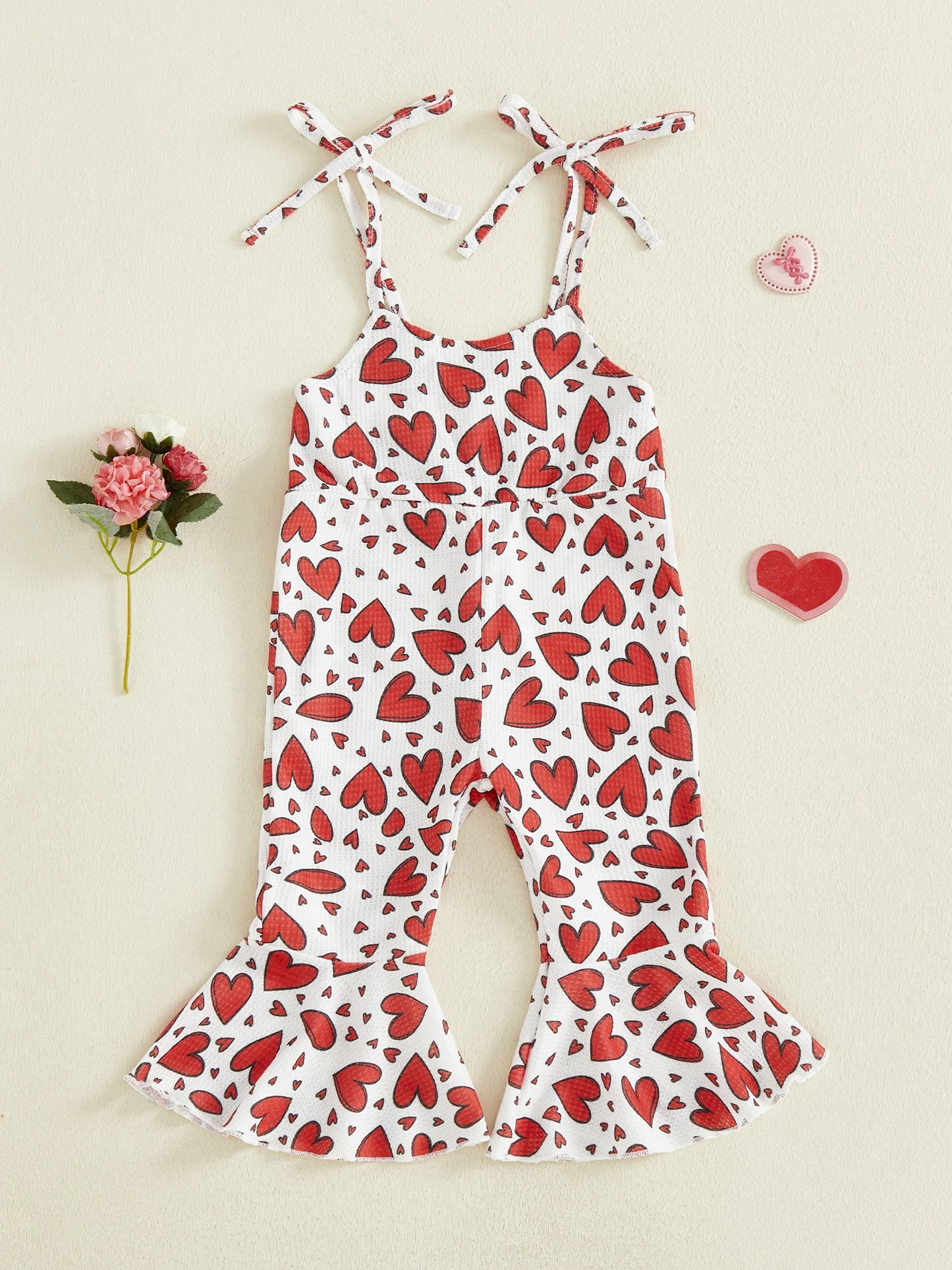 Toddler Kids Girls Valentine's Day Jumpsuit Sleeveless Tie Shoulder Straps Heart Print Romper Bell Bottoms