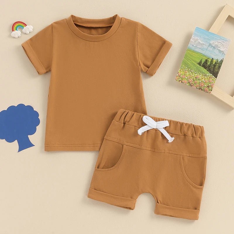 Baby Toddler Boys 2Pcs Summer Outfits Solid Color Rolled Hem Short Sleeve Top Elastic Waist Shorts Clothes Set