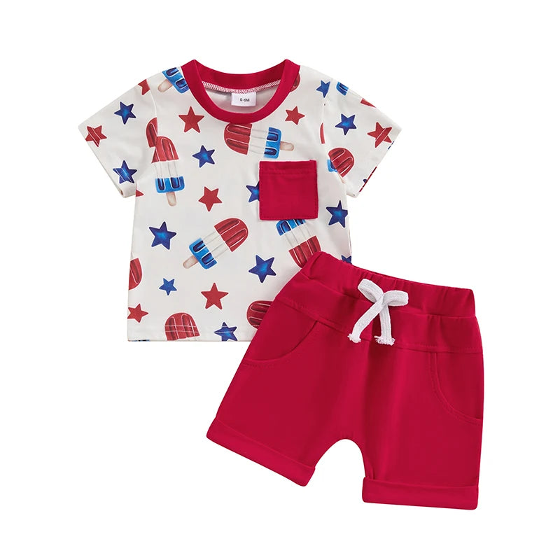 Baby Toddler Boy 2Pcs 4th of July Outfit Star Popsicle Print Short Sleeve Top with Pocket + Elastic Waist Shorts Independence Day Set