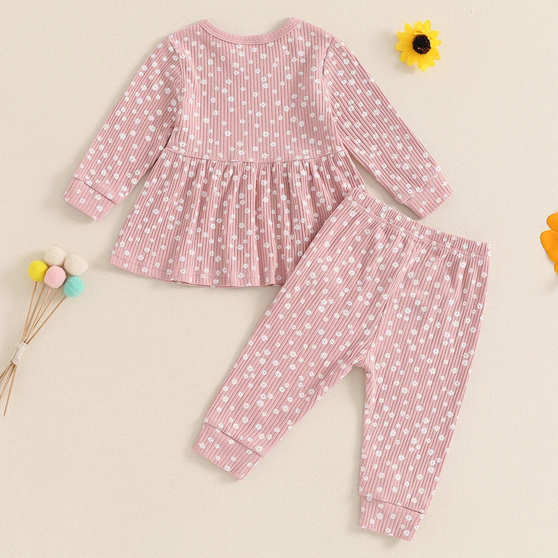 Toddler Kids Girls 2Pcs Fall Outfit Floral Flowers Print Crew Neck Long Sleeve Babygirl Top Elastic Waist Long Pants Set