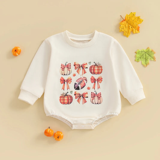 Baby Girls Boys Bubble Romper Halloween Clothes Pumpkin Print Long Sleeve Fall Bodysuit Jumpsuit