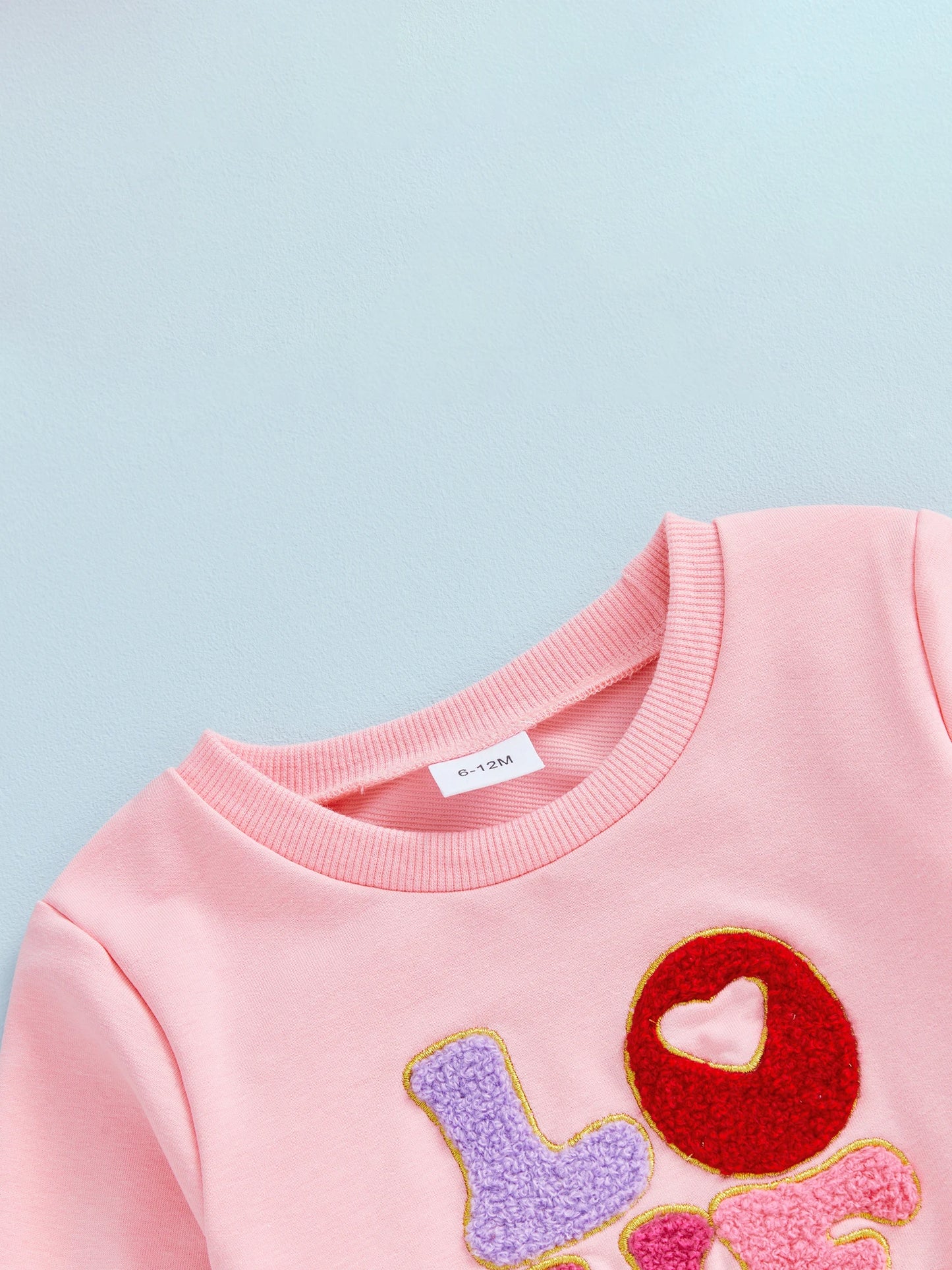 Baby Toddler Girls 2Pcs Valentine's Outfit LOVE Letter Embroidered Long Sleeve Top and Heart Embroidered Pants Jogger Set