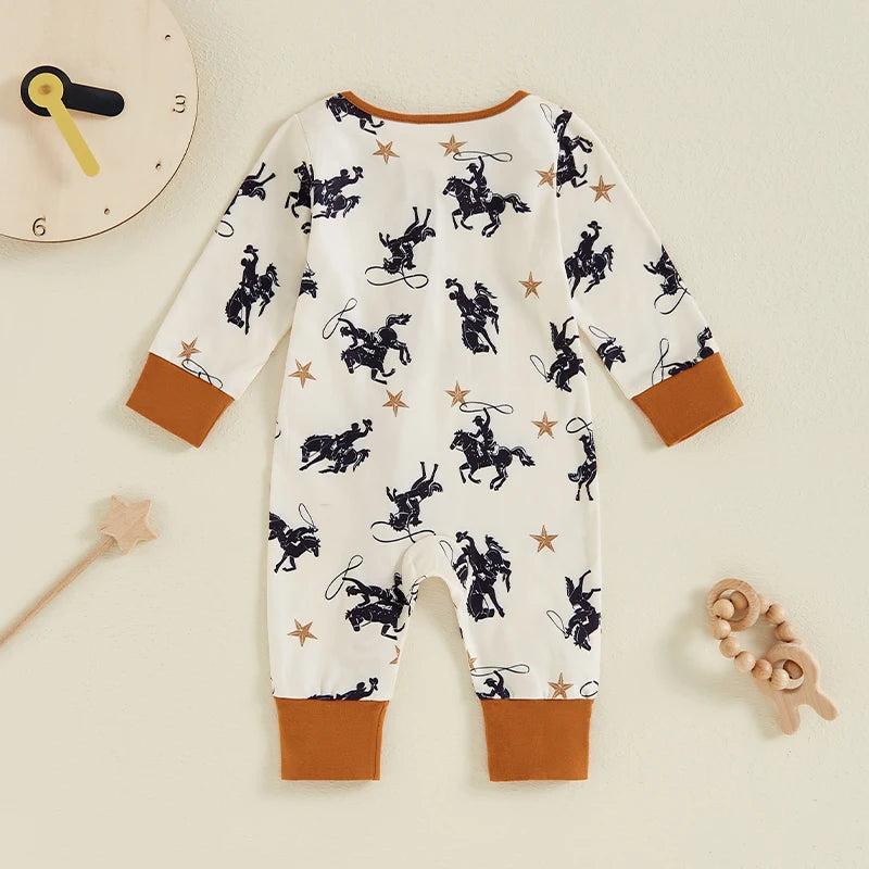 Baby Boy Zipper Romper Casual Western Cowboy Horse Print Long Sleeve Jumpsuit