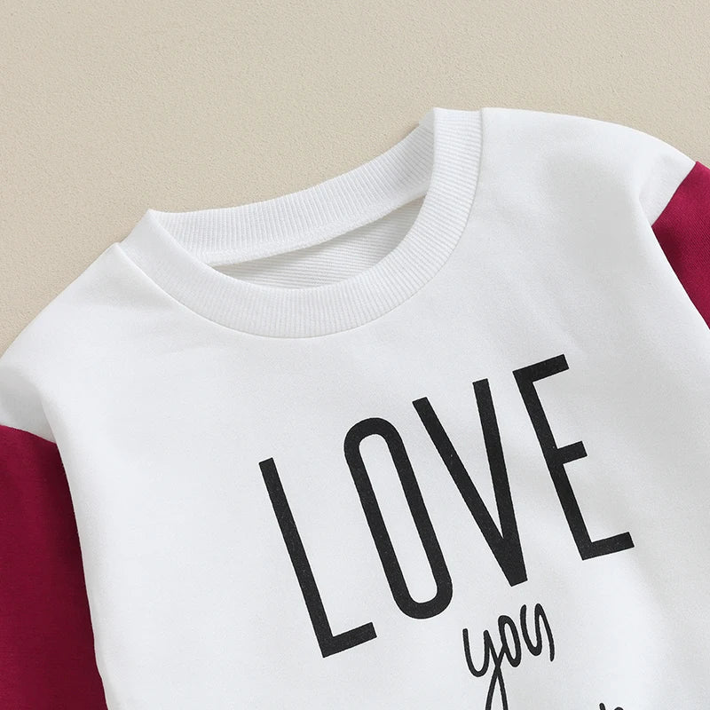 Toddler Baby Boy Girl 2Pcs Valentine's Day Outfit Letter Love You Forever Long Sleeve Top Stretch Jogger Pants Clothes Set