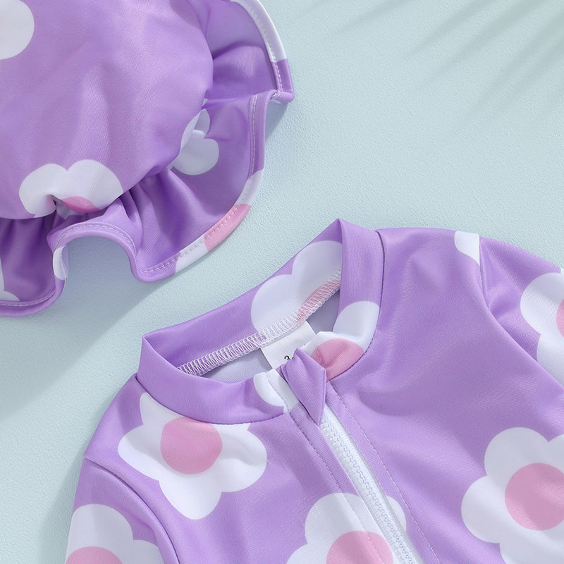 Baby Toddler Girls 2Pcs Swimsuit with Hat Flower Print Long Sleeve Ruffles Round Neck Front Zipper Bathing Suit Set