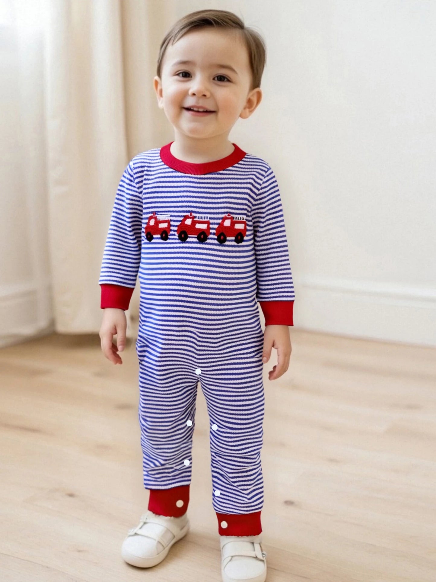 Baby Boy Fall Romper Striped Fire Truck Embroidered Crewneck Long Sleeve Full Length Jumpsuit