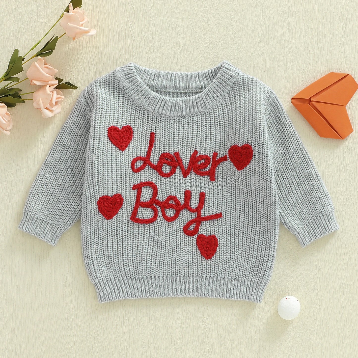 Baby Toddler Boys Valentines Sweater Fashionable Letters Lover Boy Heart Embroidery Crew Neck Long Sleeve Knit Top