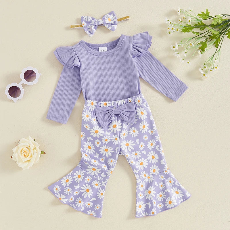 Baby Girl 3Pcs Fall Outfit Long Sleeve Ribbed Romper Daisy Flower Flare Pants Bow Headband Set