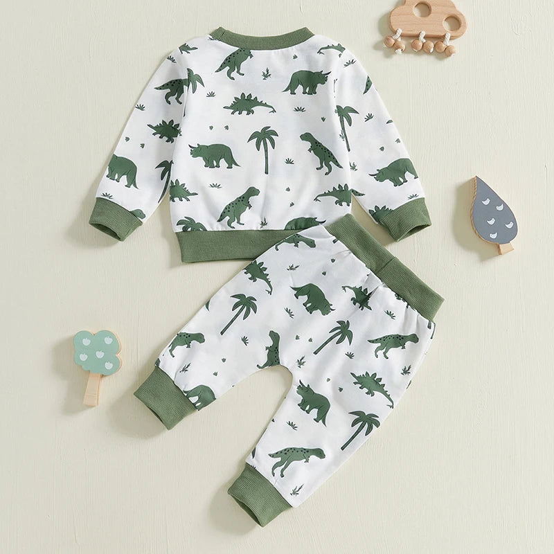 Baby Toddler Boys 2Pcs Outfit Long Sleeve Dinosaur Print Crewneck Top Drawstring Pants Jogger Set