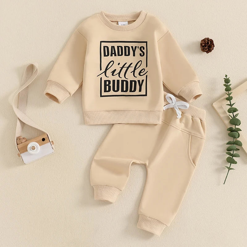 Baby Toddler Boys 2Pcs Daddy's Little Buddy Jogger Set Long Sleeve Letters Print Top with Elastic Waist Pants Outfit