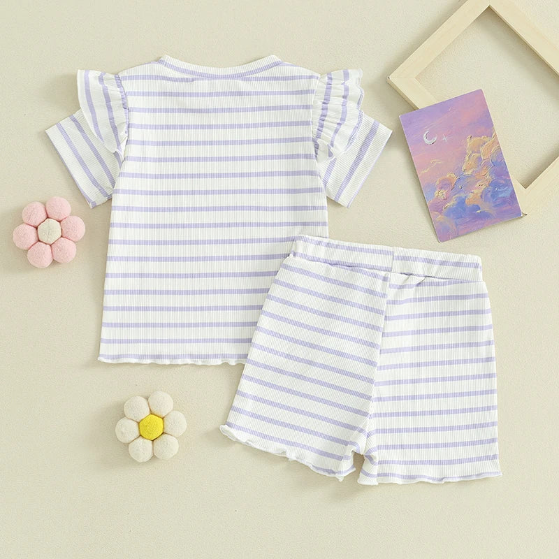 Toddler Baby Girl 2Pcs Summer Stripes Outfit Waffle Frilly Short Sleeve Top Shorts Set