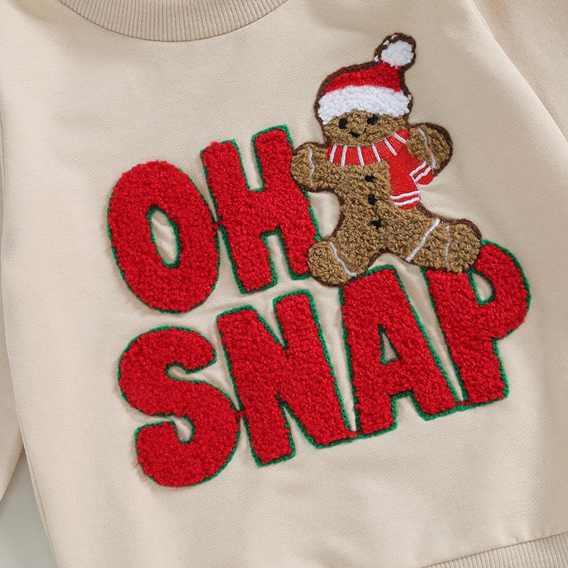 Baby Toddler Boys Girls Oh Snap Christmas Letter Gingerbread Man Embroidery Long Sleeve Crew Neck Pullover Top