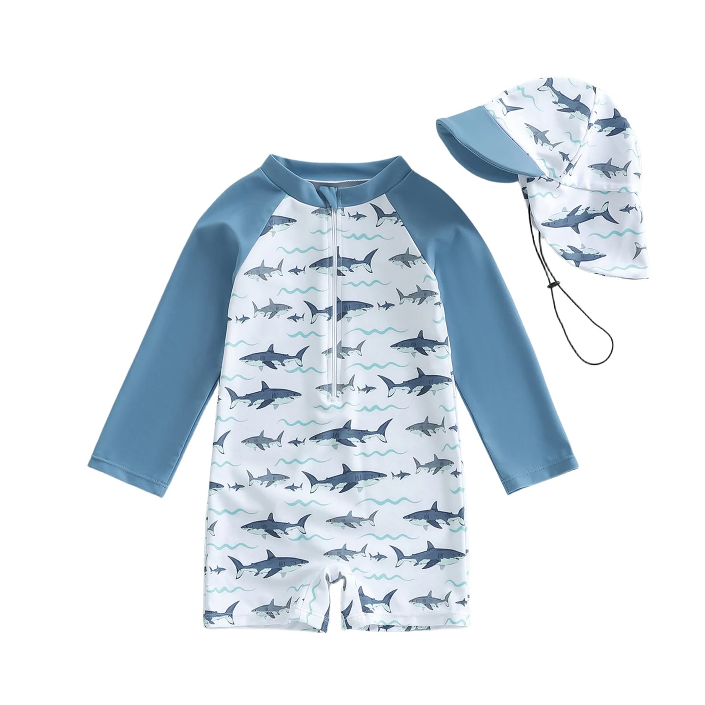 Baby Toddler Boys 2Pcs Rash Guard Swimsuit Fashionable Cute Animal Printed Long Sleeve Jumpsuit with Hat 2Pcs Swimwear Set