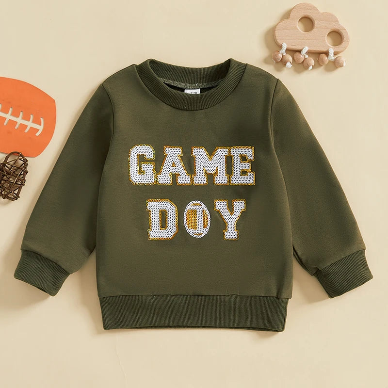 Baby Toddler Boys Girls Fall GAME DAY Football Sequin Letter Embroidery Long Sleeve Crew Neck Pullover Top