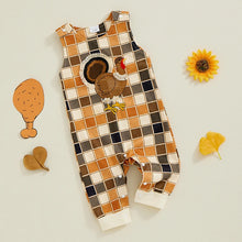 Load image into Gallery viewer, Baby Boys Girls Thanksgiving Romper Sleeveless O Neck Turkey Embroidery Plaid Jumpsuit
