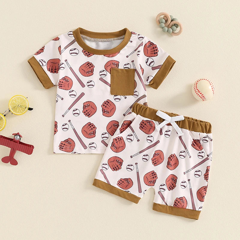 Baby Toddler Boys 2Pcs Baseball Print Short Sleeve Top with Elastic Waist Shorts Summer Outfit Set