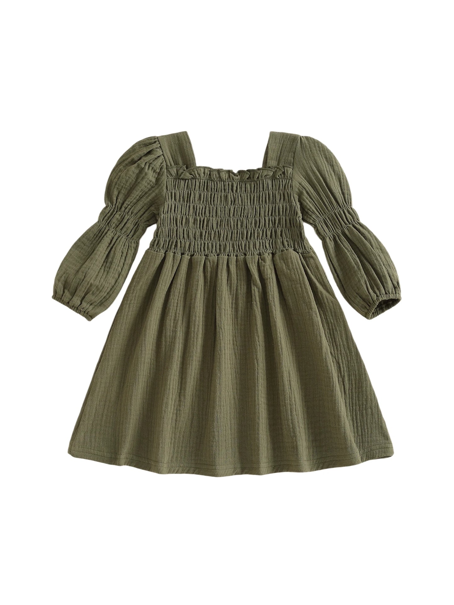 Baby Toddler Girl Bubble Sleeve Dress Stylish Solid Smocked Square Neck Long Sleeve A Line Dress