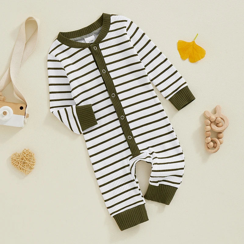 Baby Girl Boy Fall Romper Stripe Print Round Neck Long Sleeve Full Length Jumpsuit