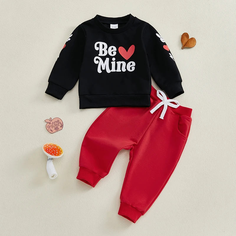 Baby Toddler Girls Boys 2Pcs Be Mine / Lucky Valentine's Day & St. Patrick's Day Outfit Letter Print Long Sleeve O-Neck Top with Solid Long Pants Valentines Jogger Set