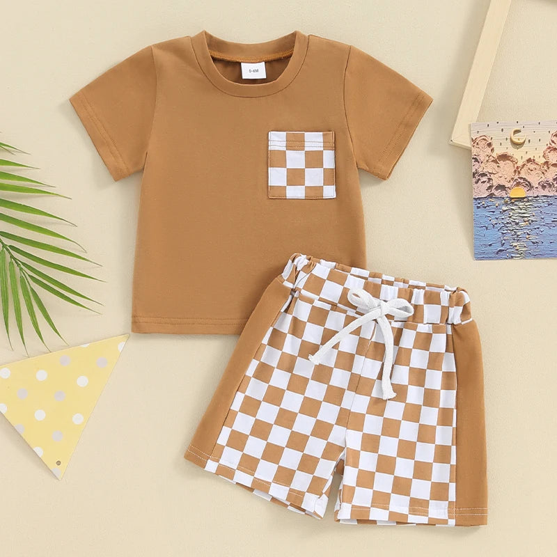 Toddler Baby Boy 2Pcs Spring Summer Outfits Short Sleeve Top Checker Print Pocket Shorts Clothes Set