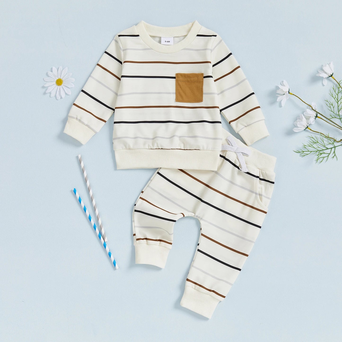 Baby Toddler Boys 2Pcs Autumn Pants Sets Long Sleeve O Neck Striped Top Drawstring Pants Jogger Set