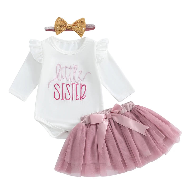 Baby Girls 3Pcs Little Sister Outfit Ruffle Shoulder Letter Embroidery Long Sleeve Romper Tulle Tutu Skirt Headband Set