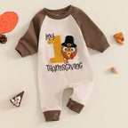 Baby Boy My First Thanksgiving Romper Casual Turkey Letter Embroidery Long Sleeve Jumpsuit