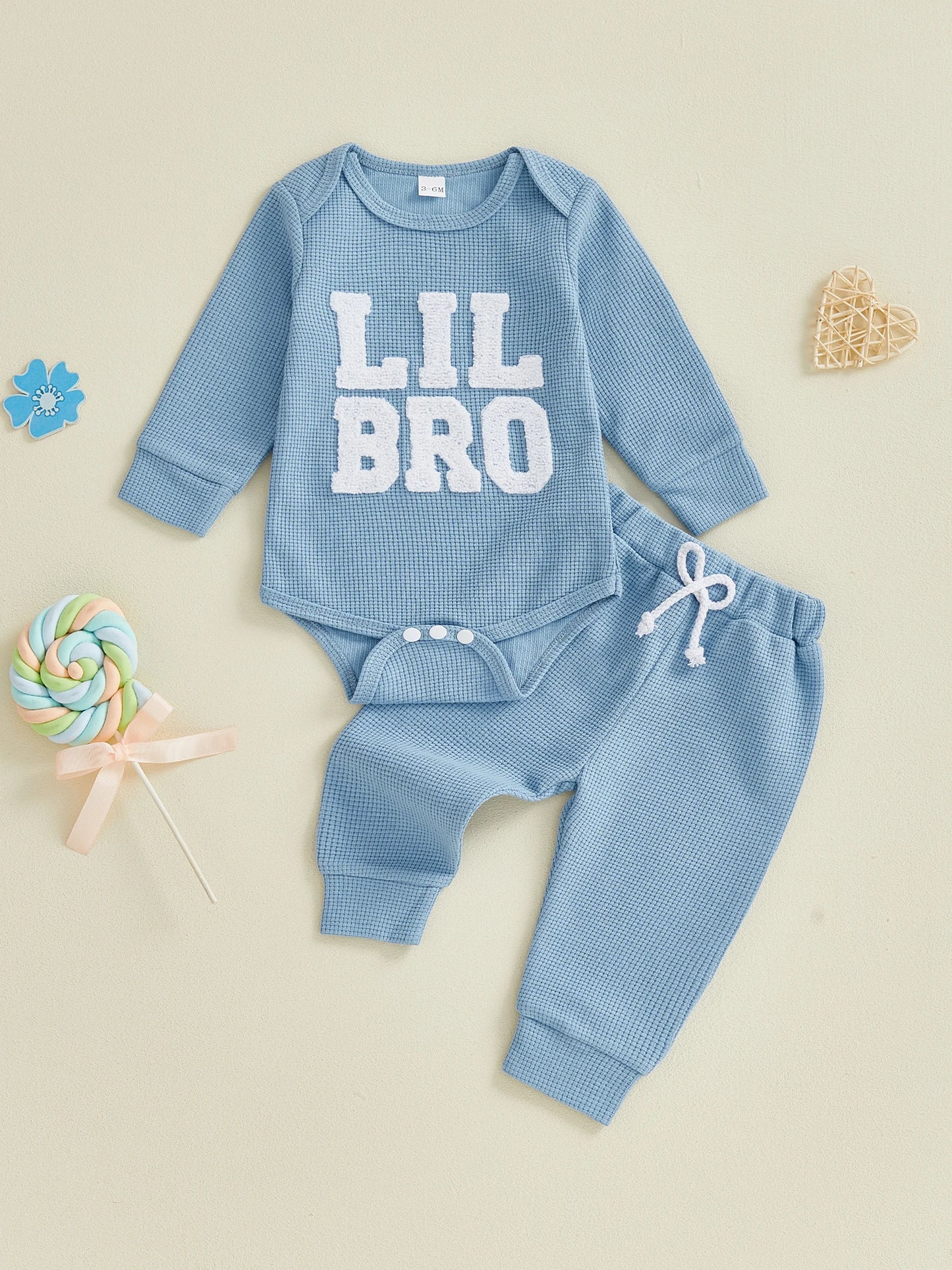 Baby Boy 2Pcs Lil Bro Outfit Waffle Letter Embroidered Ribbed Crew Neck Long Sleeve Romper and Jogger Pants 2 Pcs Set